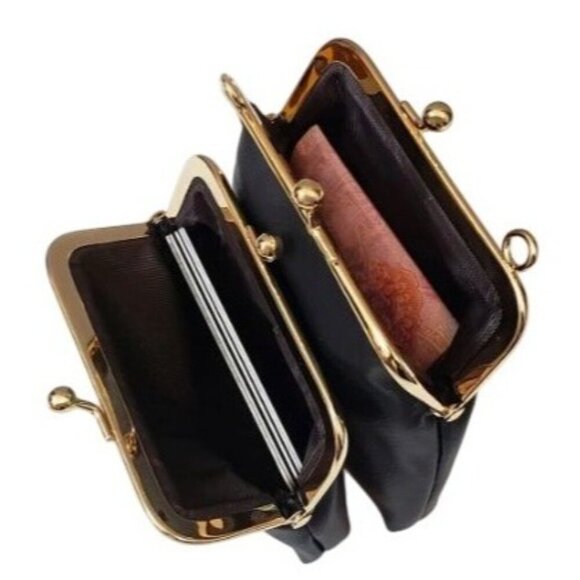 Double Kisslock Pearl crossbody strap vegan leather Black handbag - Picture 2 of 6